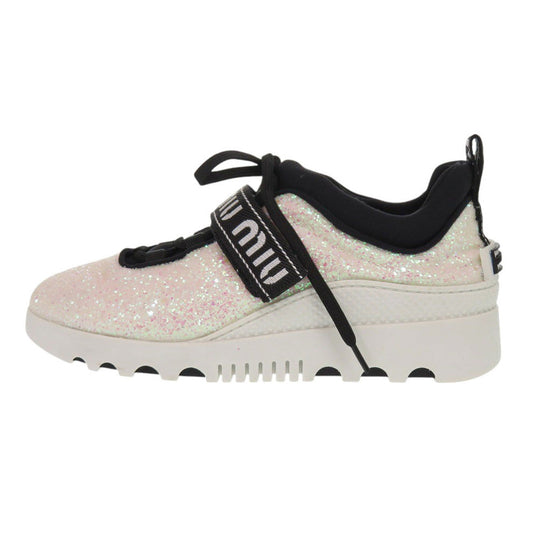 MIUMIU sneakers 5E613B Polyester, Cotton white Glitter logo strap sneakers Women 37.5 Used Authentic