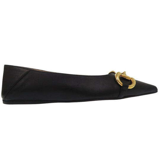 GUCCI pumps 621161 leather black Chain pointed toe flats Horsebit Women 34 1/2 Used Authentic