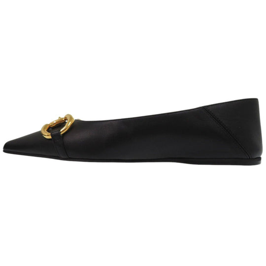GUCCI pumps 621161 leather black Chain pointed toe flats Horsebit Women 34 1/2 Used Authentic