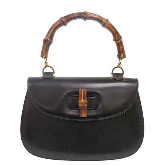 GUCCI Handbag leather black Bamboo Turnlock Vintage Women Used Authentic