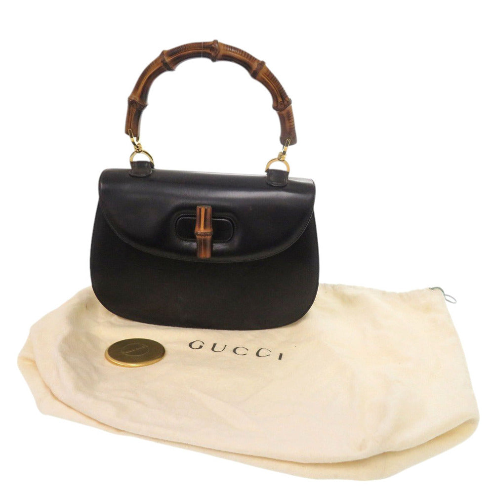 GUCCI Handbag leather black Bamboo Turnlock Vintage Women Used Authentic