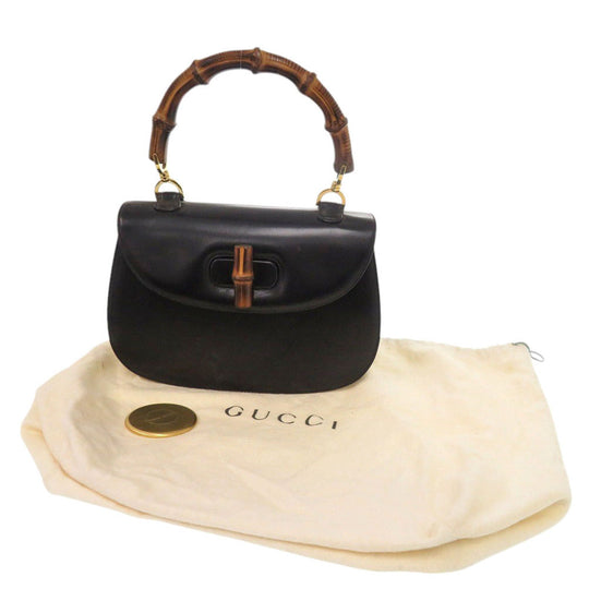 GUCCI Handbag leather black Bamboo Turnlock Vintage Women Used Authentic