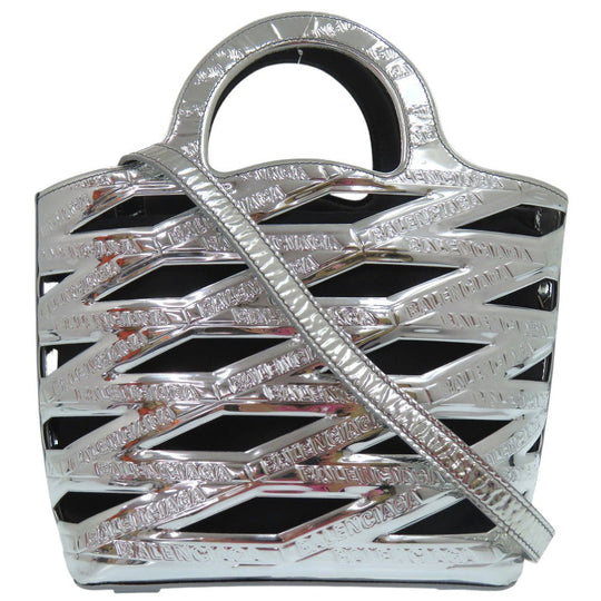 BALENCIAGA Handbag enamel Silver 2WAY Shoulder Bag Neo basket Women Used Authentic