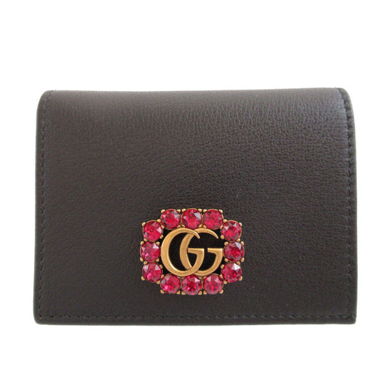 GUCCI Bifold Wallet 499783 leather black Compact Wallet with Rhinestones GG Marmont unisex(Unisex) Used Authentic