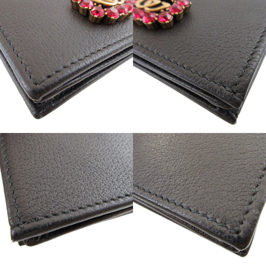 GUCCI Bifold Wallet 499783 leather black Compact Wallet with Rhinestones GG Marmont unisex(Unisex) Used Authentic