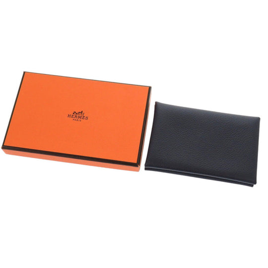 HERMES Card Case Evercolor Blue drus Calvi duo Women Used Authentic