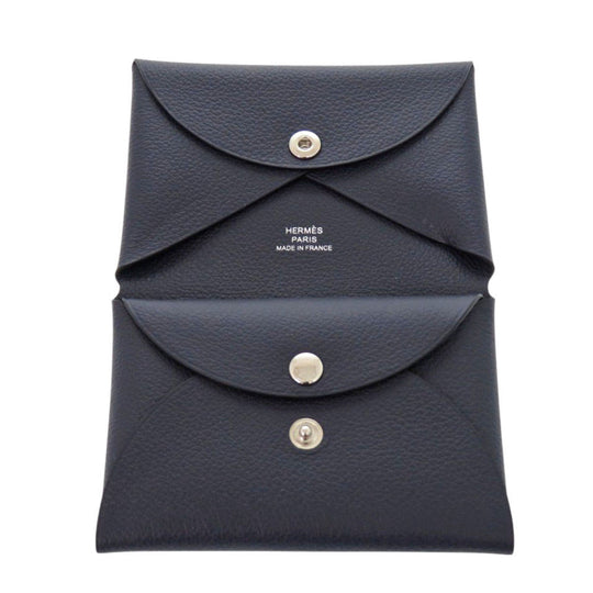 HERMES Card Case Evercolor Blue drus Calvi duo Women Used Authentic
