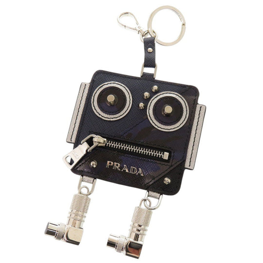PRADA Coin case Leather, Metal Navy Robot charm with key ring
