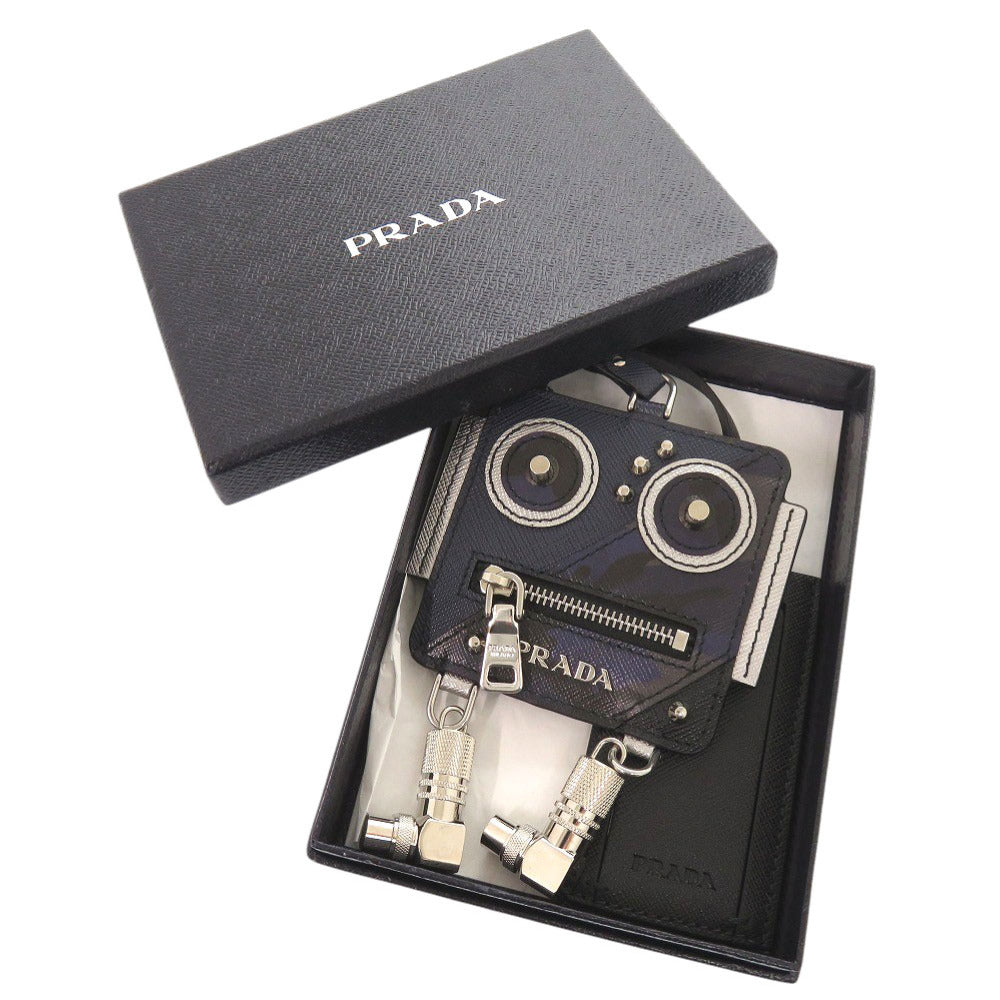 PRADA Coin case Leather, Metal Navy Robot charm with key ring