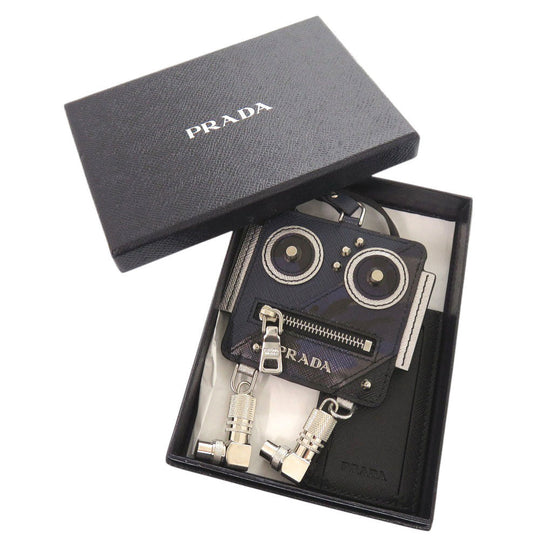 PRADA Coin case Leather, Metal Navy Robot charm with key ring