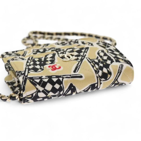 Chanel Mini Matelasse Shoulder Bag Canvas Beige Black CC Logo Chain Strap Women Handbag