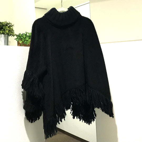 DOLCE&GABBANA poncho F0O02T FU3L2 cashmere black apparel Turtleneck fringe Women 36 Used Authentic