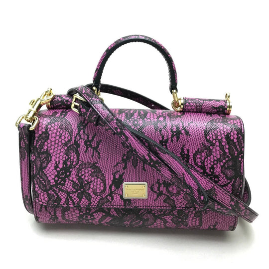 DOLCE&GABBANA Shoulder Bag leather Purple pink Lace Pattern Crossbody wallet bag Women Used Authentic