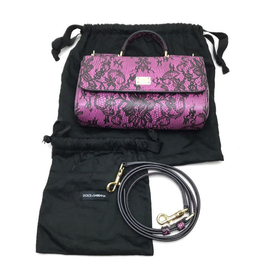 DOLCE&GABBANA Shoulder Bag leather Purple pink Lace Pattern Crossbody wallet bag Women Used Authentic