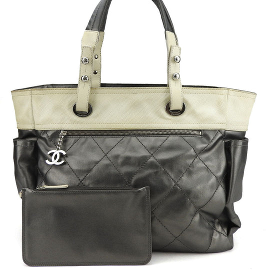CHANEL Tote Bag Coated canvas Silver Paris Biarritz GM Women Used Authentic