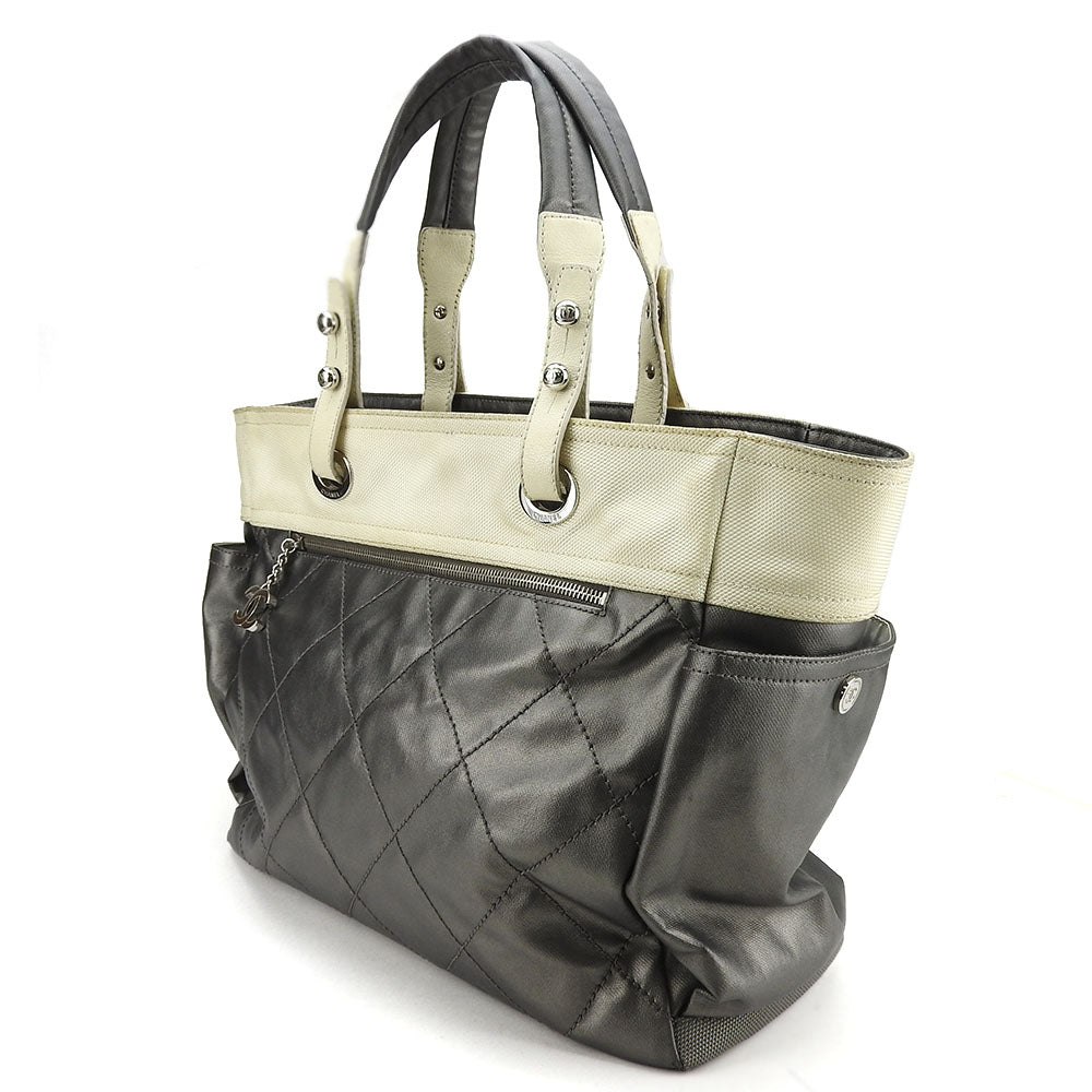 CHANEL Tote Bag Coated canvas Silver Paris Biarritz GM Women Used Authentic