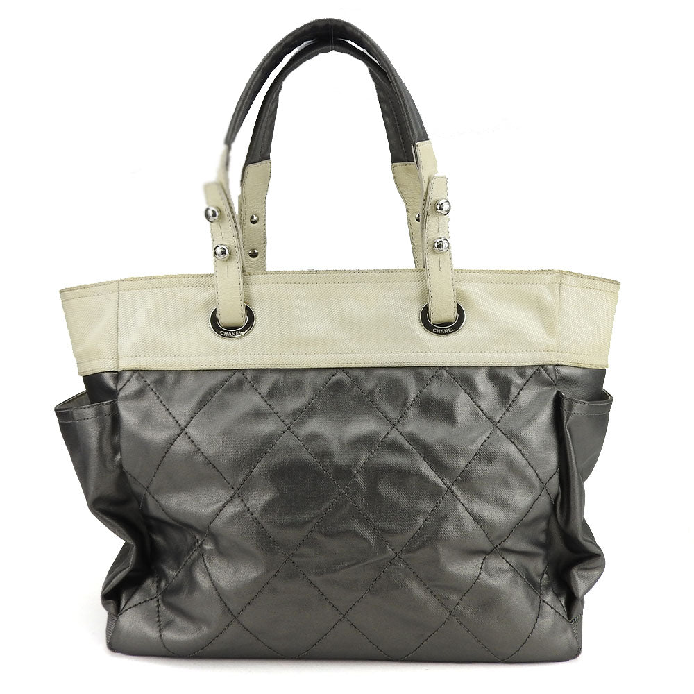 CHANEL Tote Bag Coated canvas Silver Paris Biarritz GM Women Used Authentic