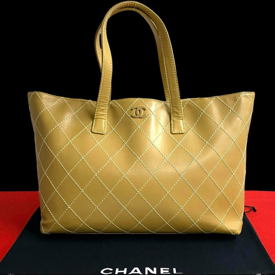 CHANEL Tote Bag leather yellow Wild stitch