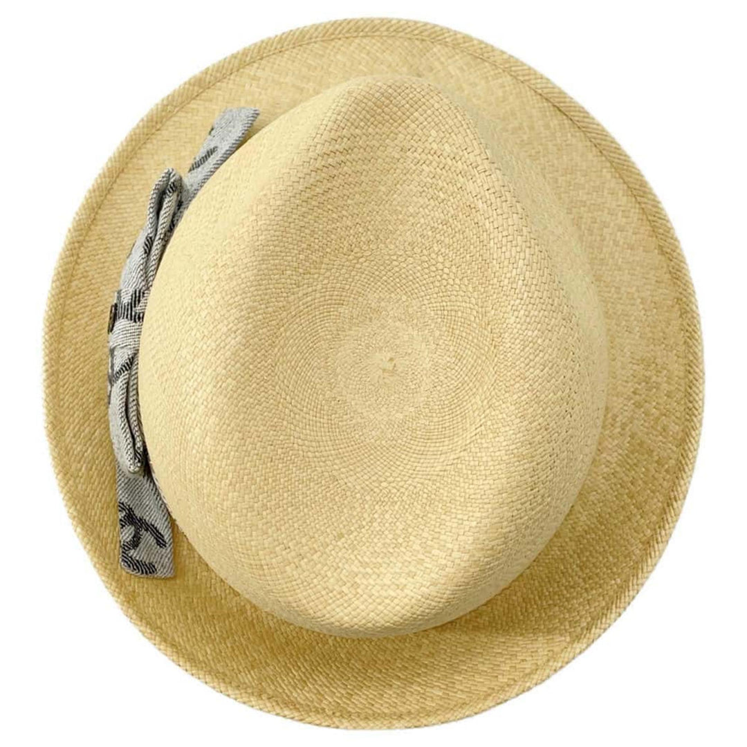 CHANEL CC Logo Ribbon Straw Beige Gray Hat New