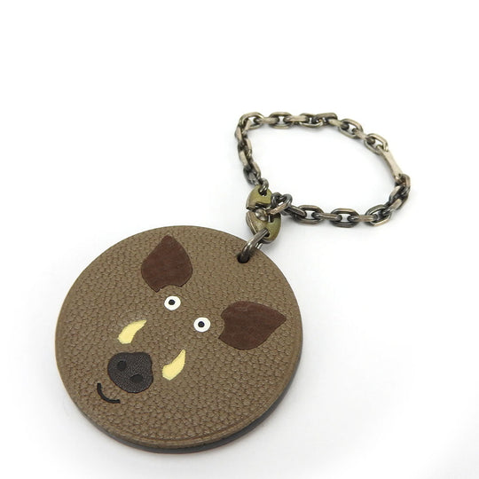 HERMES Bag charm Leather, Silver925 Brown Animal motif Boar 2007 limited edition Women Used Authentic