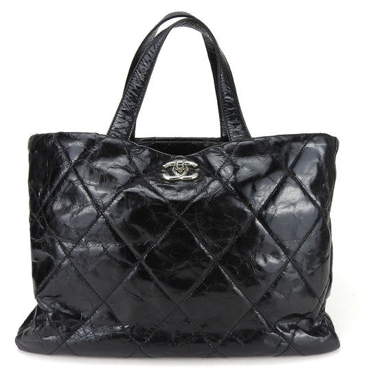 CHANEL Tote Bag Leather, Tweed black Portello Women Used Authentic