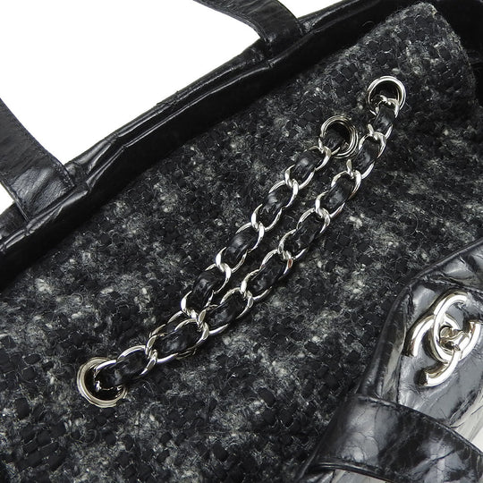 CHANEL Tote Bag Leather, Tweed black Portello Women Used Authentic