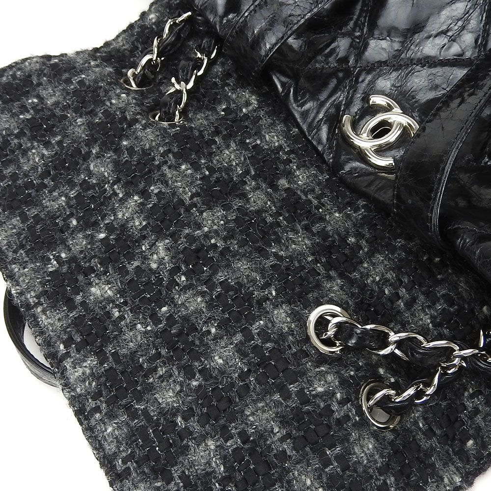 CHANEL Tote Bag Leather, Tweed black Portello Women Used Authentic