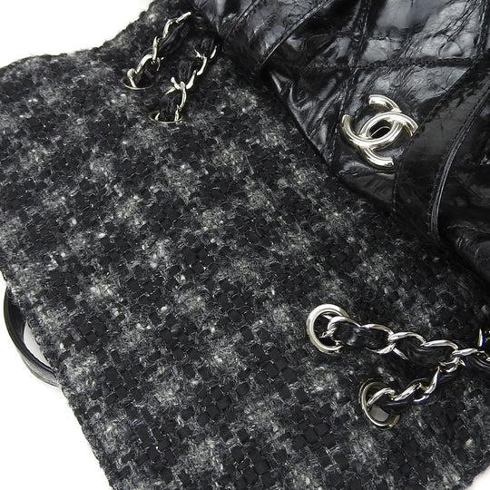 CHANEL Tote Bag Leather, Tweed black Portello Women Used Authentic