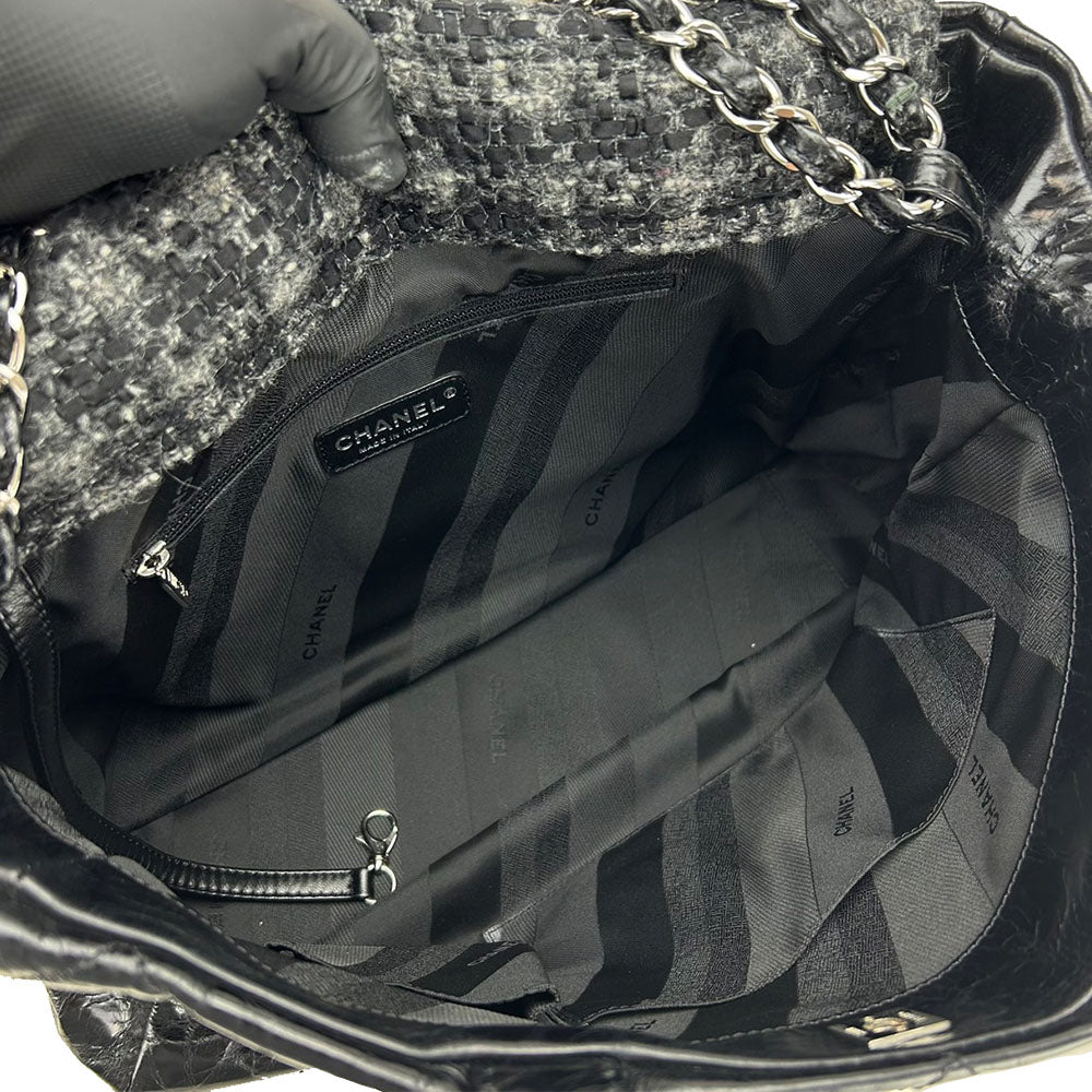 CHANEL Tote Bag Leather, Tweed black Portello Women Used Authentic