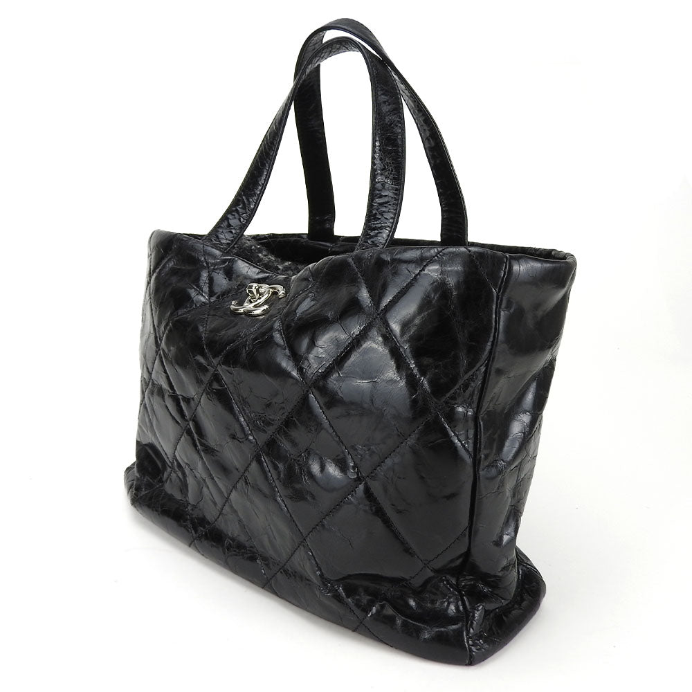 CHANEL Tote Bag Leather, Tweed black Portello Women Used Authentic