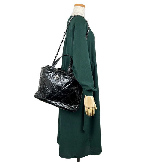CHANEL Tote Bag Leather, Tweed black Portello Women Used Authentic