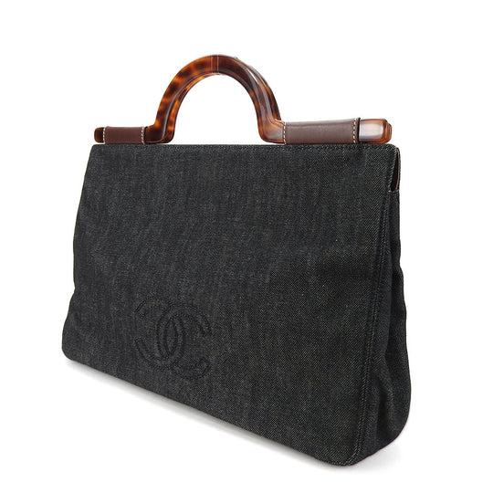 CHANEL Handbag Denim, Leather black Women Used Authentic