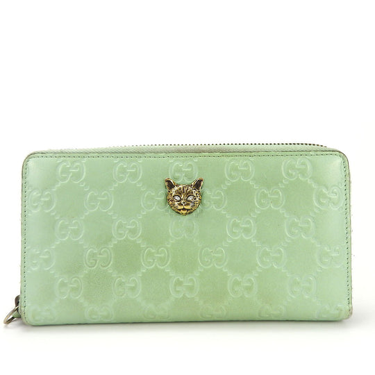 GUCCI Long Wallet Purse 548058 Sima leather Mint green Zip Around Women Used Authentic