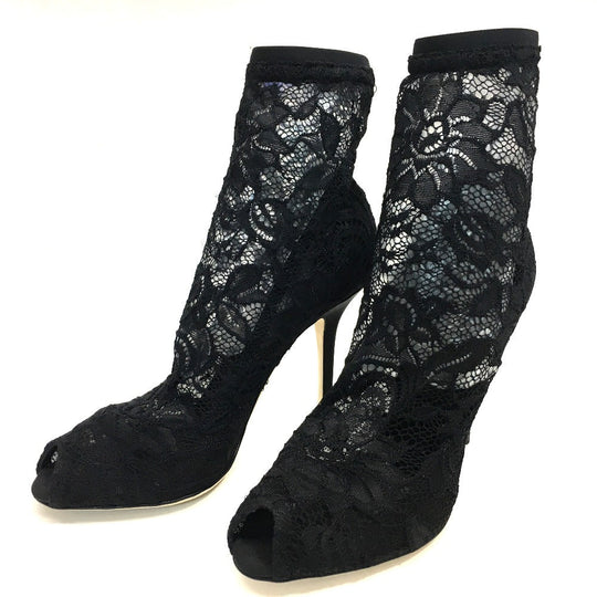 DOLCE&GABBANA pumps CT0077 A5875 8B956 leather black shoes Open toe pumps with lace and embroidery Women 36 Used Authentic