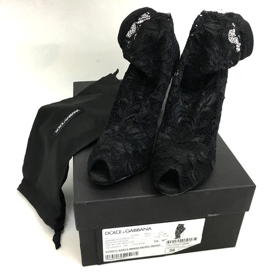 DOLCE&GABBANA pumps CT0077 A5875 8B956 leather black shoes Open toe pumps with lace and embroidery Women 36 Used Authentic