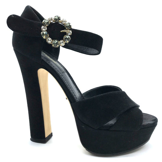 DOLCE&GABBANA Sandals Suede, Crystal black Bijoux High heel front cross Women 36 Used Authentic
