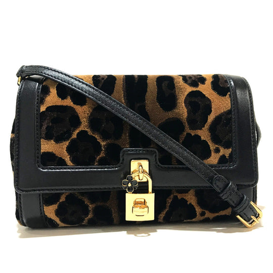 DOLCE&GABBANA Shoulder Bag Velvet / leather Black x brown Leopard print Leopard Flower Rock Metal Women Used Authentic