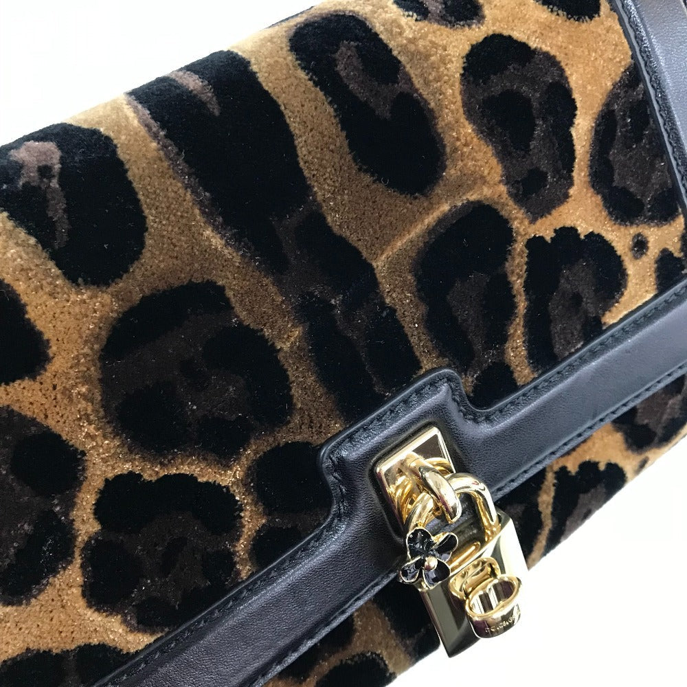 DOLCE&GABBANA Shoulder Bag Velvet / leather Black x brown Leopard print Leopard Flower Rock Metal Women Used Authentic