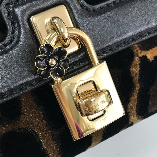 DOLCE&GABBANA Shoulder Bag Velvet / leather Black x brown Leopard print Leopard Flower Rock Metal Women Used Authentic