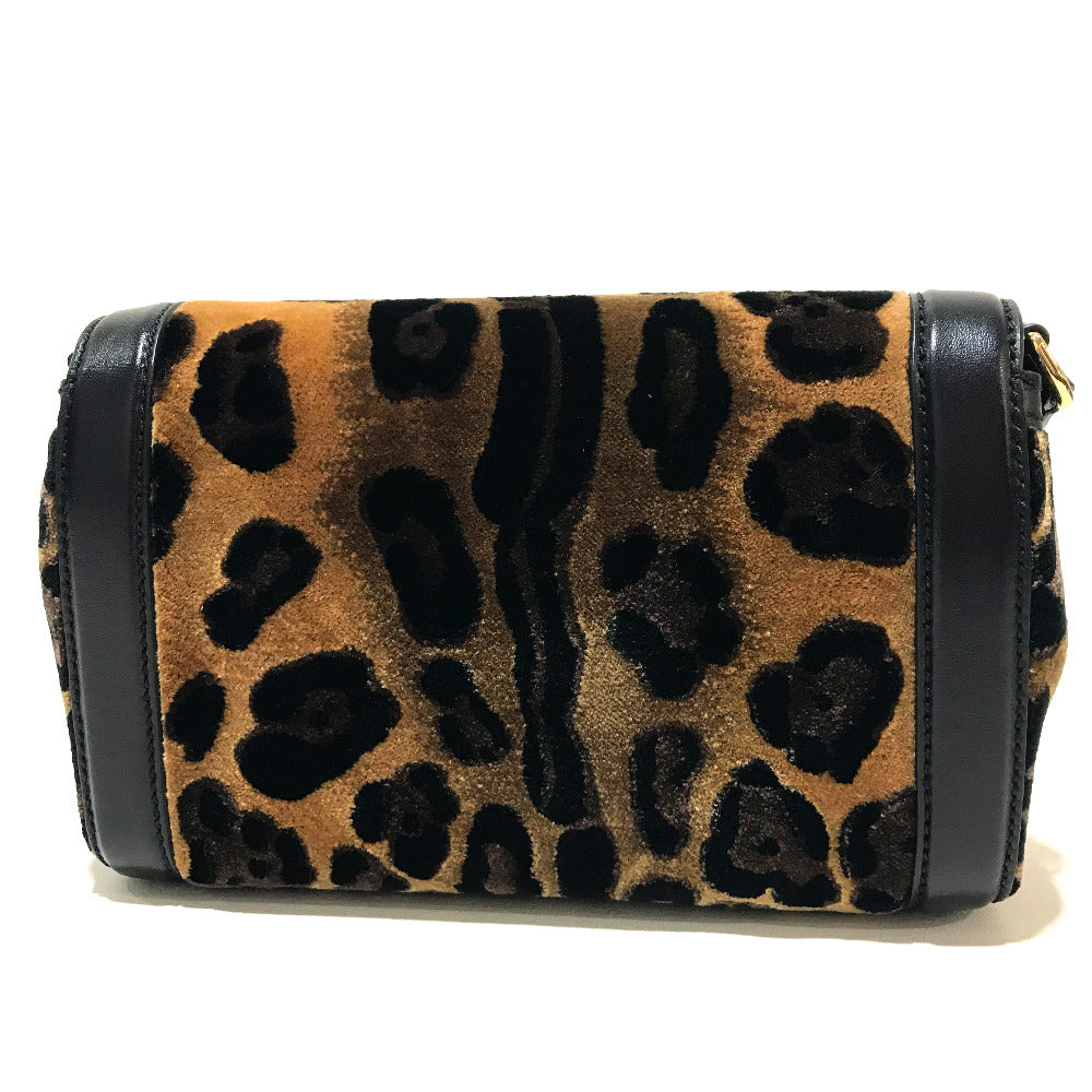 DOLCE&GABBANA Shoulder Bag Velvet / leather Black x brown Leopard print Leopard Flower Rock Metal Women Used Authentic