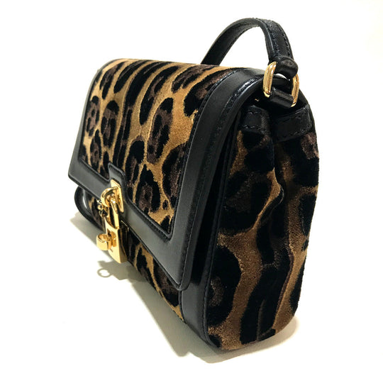 DOLCE&GABBANA Shoulder Bag Velvet / leather Black x brown Leopard print Leopard Flower Rock Metal Women Used Authentic