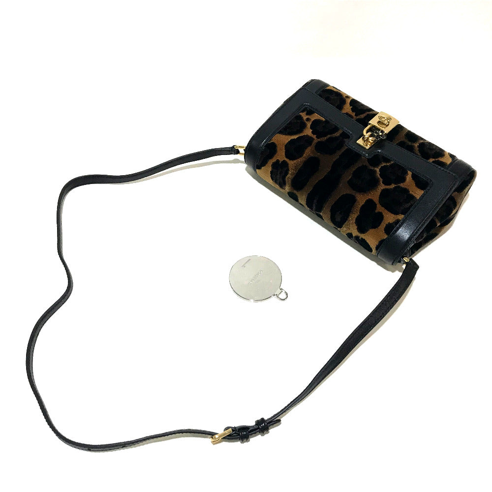 DOLCE&GABBANA Shoulder Bag Velvet / leather Black x brown Leopard print Leopard Flower Rock Metal Women Used Authentic