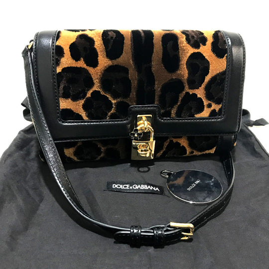 DOLCE&GABBANA Shoulder Bag Velvet / leather Black x brown Leopard print Leopard Flower Rock Metal Women Used Authentic