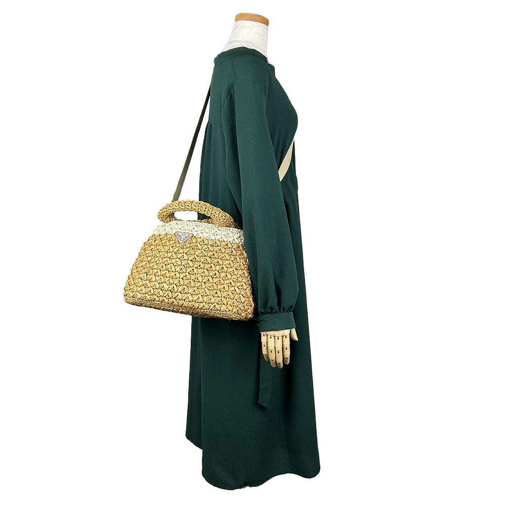 PRADA Handbag BN2889 Raffia Brown Canapa Women Used Authentic