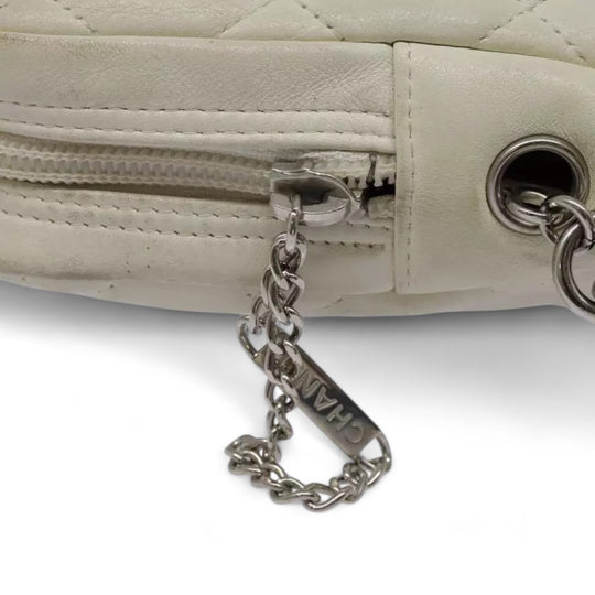 CHANEL Cambon Line Matelasse Shoulder Bag Leather White Black Silver CC