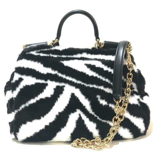 DOLCE&GABBANA Shoulder Bag Faux Fur, Leather Black x white Zebra Sicily Women Used Authentic