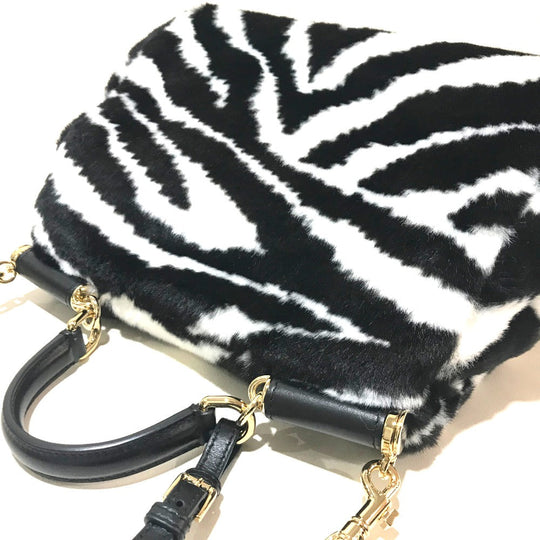 DOLCE&GABBANA Shoulder Bag Faux Fur, Leather Black x white Zebra Sicily Women Used Authentic