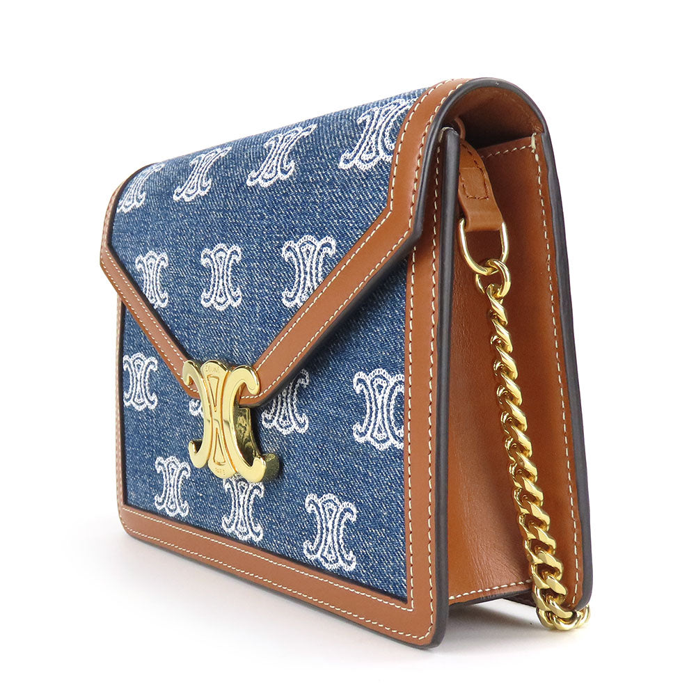 CELINE Shoulder Bag Denim, Leather Navy Triomphe margo Women Used Authentic