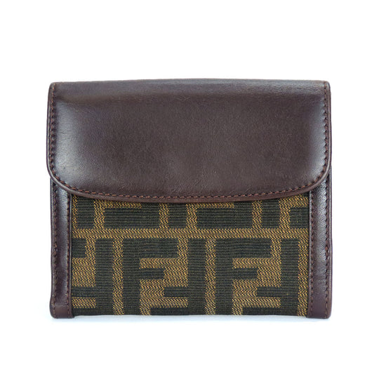 FENDI Bifold Wallet Canvas, Calfskin Brown Zucca Women Used Authentic
