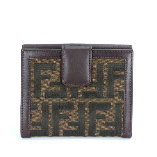 FENDI Bifold Wallet Canvas, Calfskin Brown Zucca Women Used Authentic